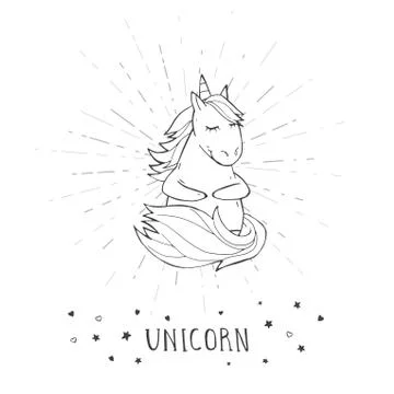 Vector illustration of hand drawn cute sitting unicorn with stars, hearts and Illustrazione stock