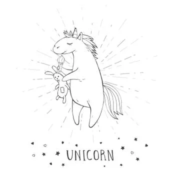Vector illustration of hand drawn cute unicorn with ice cream, bunny toy, sta Stock Illustration