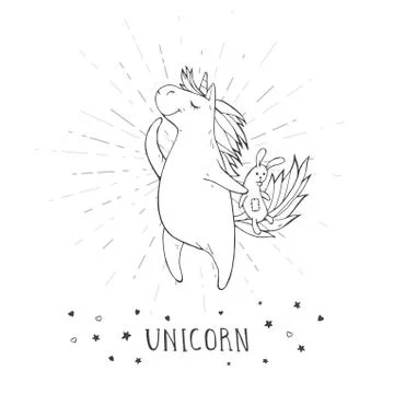 Vector illustration of hand drawn cute unicorn with stars, hearts, toy bunny  Stock Illustration
