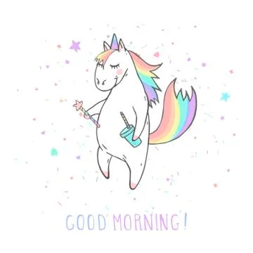 Vector illustration of hand drawn cute unicorn with magic wand, coffee Stock Illustration