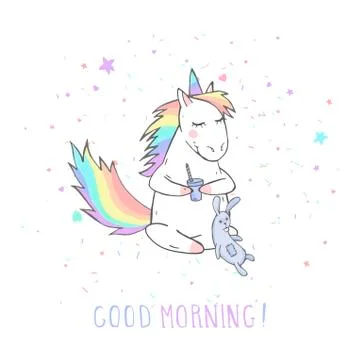Vector illustration of hand drawn cute unicorn with bunny toyand, coffee Stock Illustration