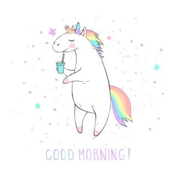 Vector illustration of hand drawn cute unicorn with coffee and text  Stock Illustration