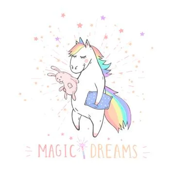 Vector illustration of hand drawn cute unicorn with bunny toy Stock Illustration