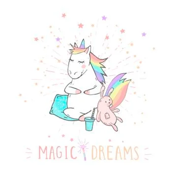 Vector illustration of hand drawn cute unicorn with bunny toy, coffee Stock Illustration
