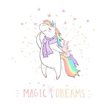 Vector illustration of hand drawn cute unicorn in scarf with bunny toy  Stock Illustration