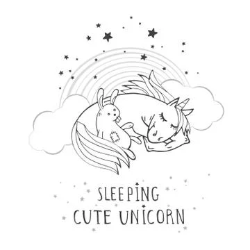 Vector illustration of hand drawn cute sleeping unicorn with toy rabbit Stock Illustration