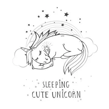 Vector illustration of hand drawn cute sleeping unicorn with magic wand Stock Illustration