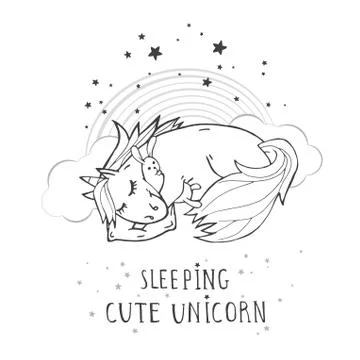 Vector illustration of hand drawn cute sleeping unicorn with toy rabbit Stock Illustration