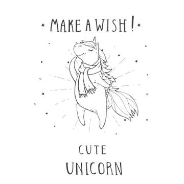 Vector illustration of hand drawn cute unicorn in scarf with stars, hearts,   Stock Illustration