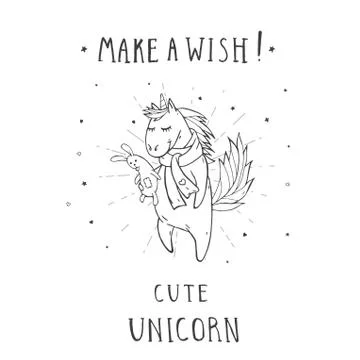 Vector illustration of hand drawn cute unicorn in scarf with stars, hearts, t Illustrazione stock