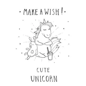 Vector illustration of hand drawn cute sitting unicorn with coffee, bunny toy 스톡 일러스트