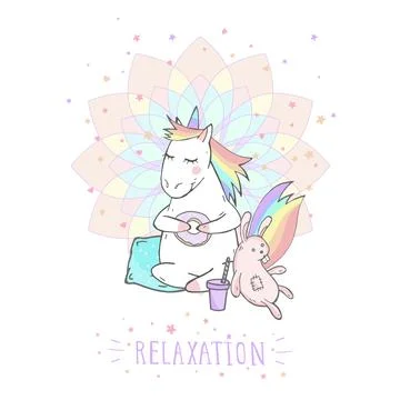 Vector illustration of hand drawn cute unicorn with bunny toy, coffee and tex Stock Illustration