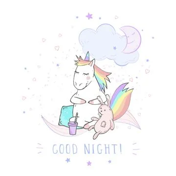 Vector illustration of hand drawn cute unicorn with bunny toy, coffee and tex Stock Illustration