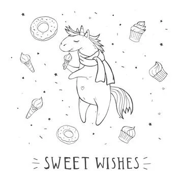 Vector illustration of hand drawn cute unicorn. Stock Illustration