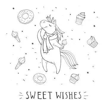 Vector illustration of hand drawn cute unicorn. Stock Illustration