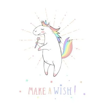 Vector illustration of hand drawn cute unicorn with magic wand and text  UNIC Stock Illustration