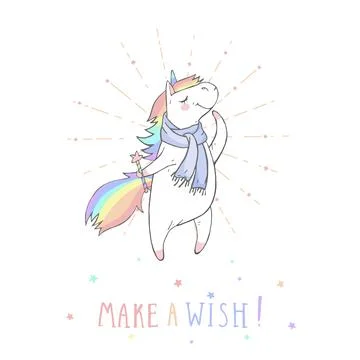 Vector illustration of hand drawn cute unicorn in scarf with magic wand and t Stock Illustration