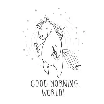Vector illustration of hand drawn cute unicorn with magic wand, coffee, stars Stock Illustration