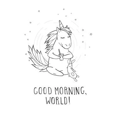 Vector illustration of hand drawn cute sitting unicorn with toy rabbit, heart Stock Illustration