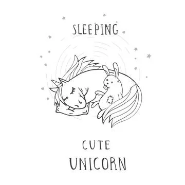 Vector illustration of hand drawn cute sleeping unicorn with toy rabbit, hear Stock Illustration