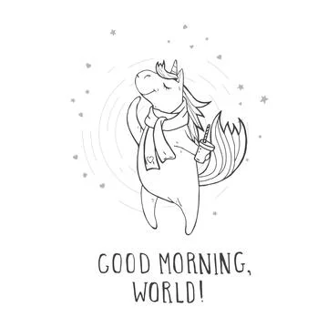 Vector illustration of hand drawn cute unicorn in scarf with coffee, hearts a Stock Illustration