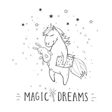 Vector illustration of hand drawn cute unicorn with toy rabbit, pillow and te Stock Illustration