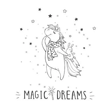 Vector illustration of hand drawn cute unicorn in scarf with toy rabbit, star Stock Illustration