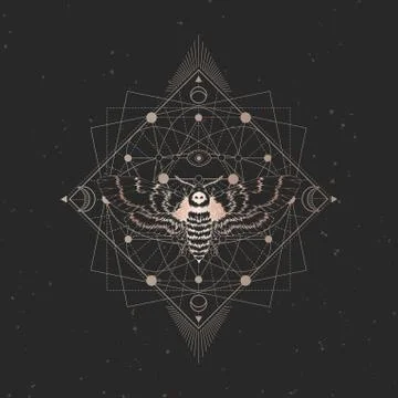 Vector illustration with hand drawn dead head moth and Sacred geometric symbol  Stock Illustration