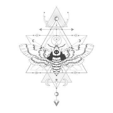 Vector illustration with hand drawn dead head moth and Sacred geometric symbo Stock Illustration