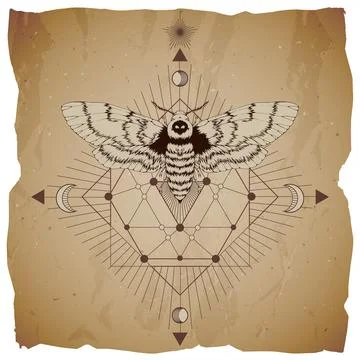Vector illustration with hand drawn dead head moth and Sacred geometric symbo Stock Illustration