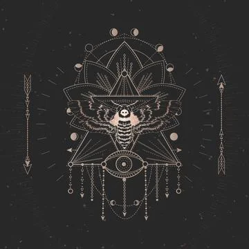 Vector illustration with hand drawn Dead head moth and Sacred geometric symbo Stock Illustration