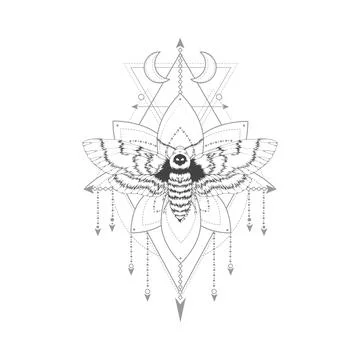 Vector illustration with hand drawn dead head moth and Sacred geometric symbol o Illustrazione stock