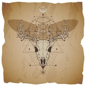 Vector illustration with hand drawn deer skull, dead head moth and Sacred geo Stock Illustration
