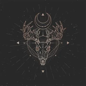 Vector illustration with hand drawn Deer skull and Sacred geometric symbol on Illustrazione stock