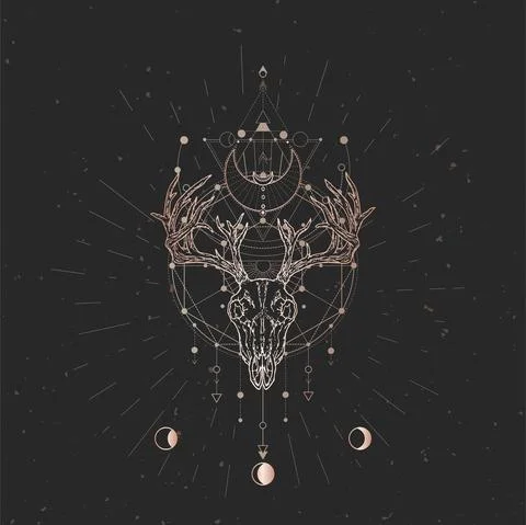 Vector illustration with hand drawn Deer skull and Sacred geometric symbol on Stock Illustration