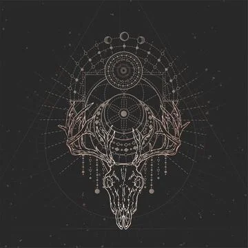 Vector illustration with hand drawn Deer skull and Sacred geometric symbol on Stock Illustration