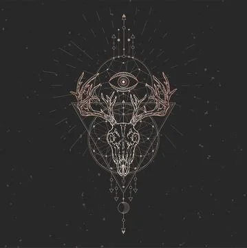 Vector illustration with hand drawn Deer skull and Sacred geometric symbol on Stock Illustration