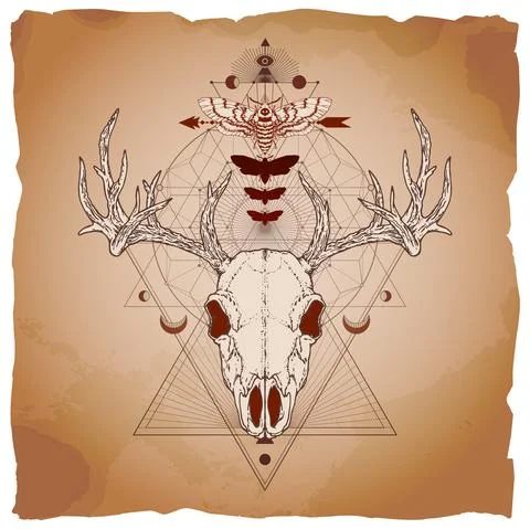 Vector illustration with hand drawn deer skull, dead head moth and Sacred geo Illustrazione stock