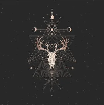 Vector illustration with hand drawn Deer skull and Sacred geometric symbol on Stock Illustration