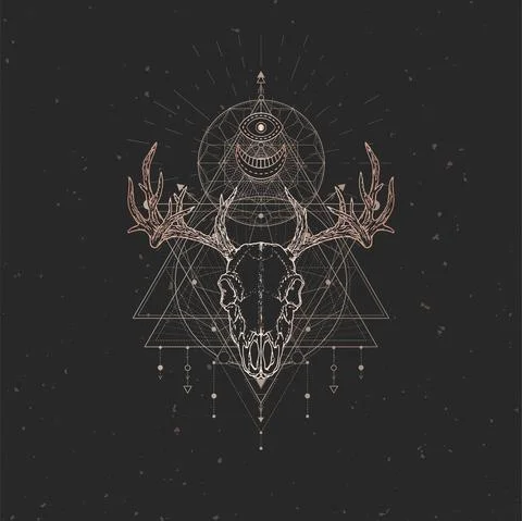 Vector illustration with hand drawn Deer skull and Sacred geometric symbol on Stock Illustration