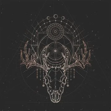 Vector illustration with hand drawn Deer skull and Sacred geometric symbol on Stock Illustration
