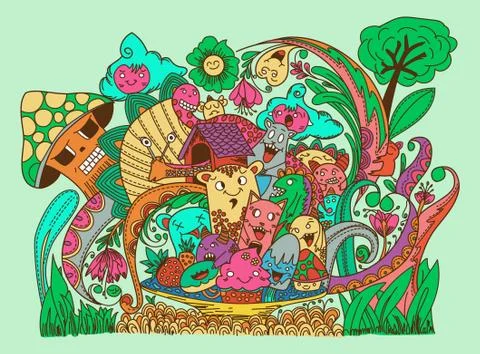 Vector illustration with hand drawn doodle cute Monster and nature elements Illustrazione stock