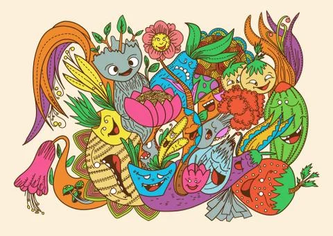 Vector illustration with hand drawn doodle cute Monster and nature elements Illustrazione stock