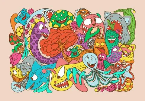 Vector illustration with hand drawn doodle cute Monster and nature elements Illustrazione stock
