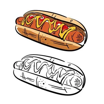 Vector illustration. Hand drawn doodle of hot dog with mustard. Unhealthy junk Stock Illustration