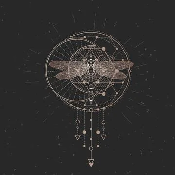 Vector illustration with hand drawn dragonfly and Sacred geometric symbol on bla Stock Illustration