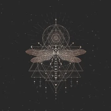Vector illustration with hand drawn dragonfly and Sacred geometric symbol on bla Stock Illustration