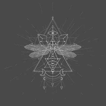 Vector illustration with hand drawn Dragonfly and Sacred symbol LOTUS. Stock Illustration