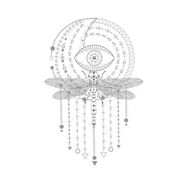 Vector illustration with hand drawn dragonfly and Sacred symbol on white backgro Stock Illustration