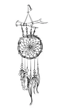 Vector illustration with hand drawn dream catcher. Feathers and beads. Stock Illustration